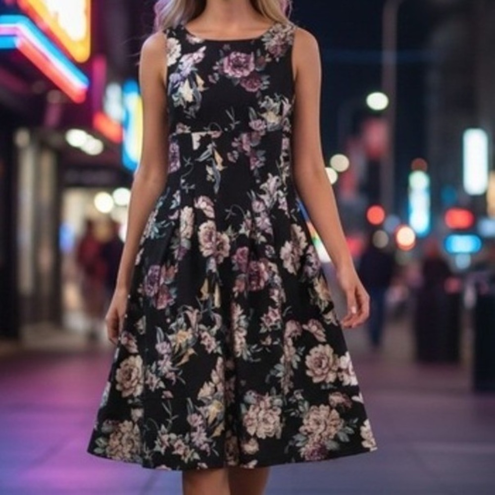 Enfocus Studio Women Black Floral Fit and Flare Cocktail Dress‎ Size 4 11430